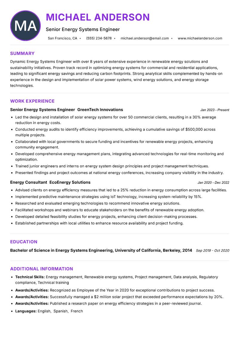 Energy Systems Engineer Resume Preview Example