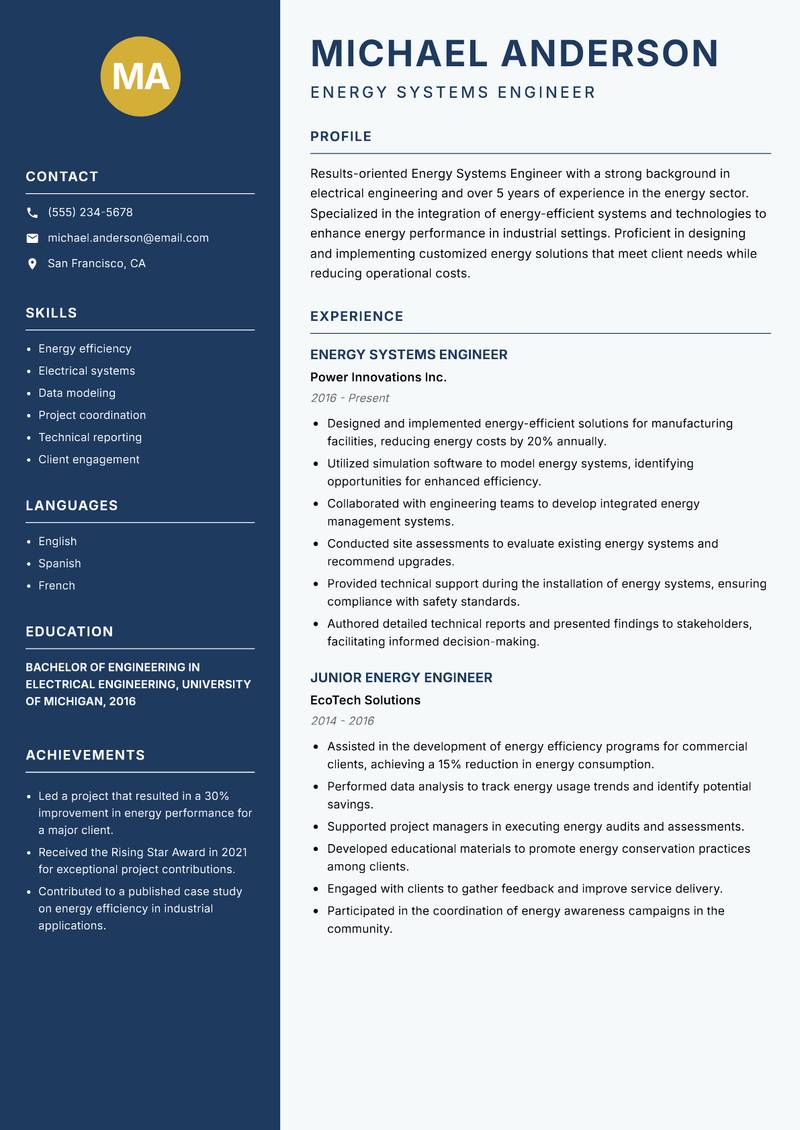 Energy Systems Engineer Resume Preview Example