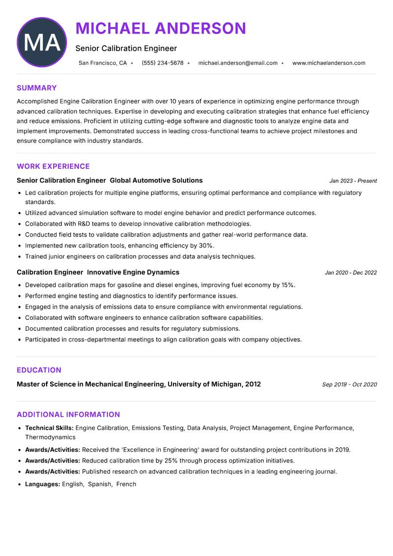 Engine Calibration Engineer Resume Preview Example