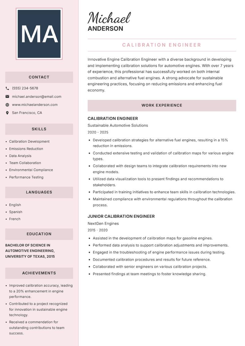 Engine Calibration Engineer Resume Preview Example