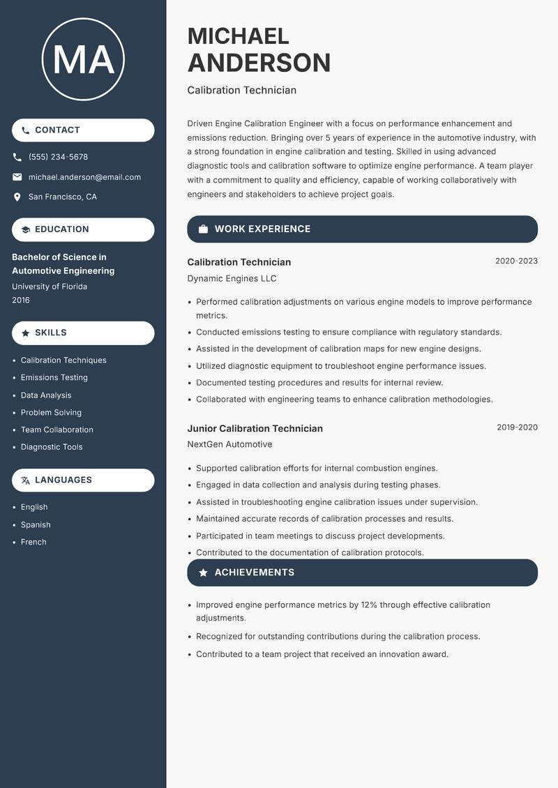 Engine Calibration Engineer Resume Preview Example