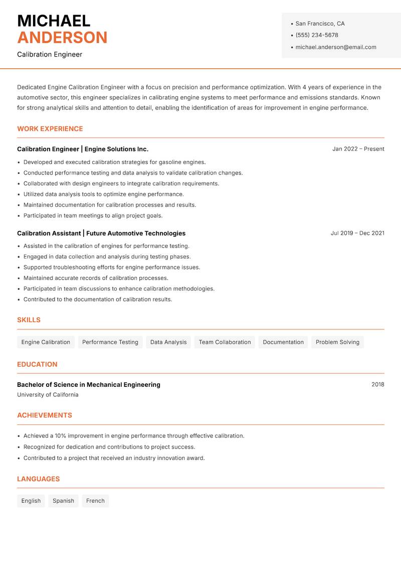 Engine Calibration Engineer Resume Template