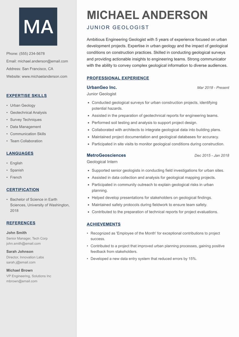Engineering Geologist Resume Preview Example