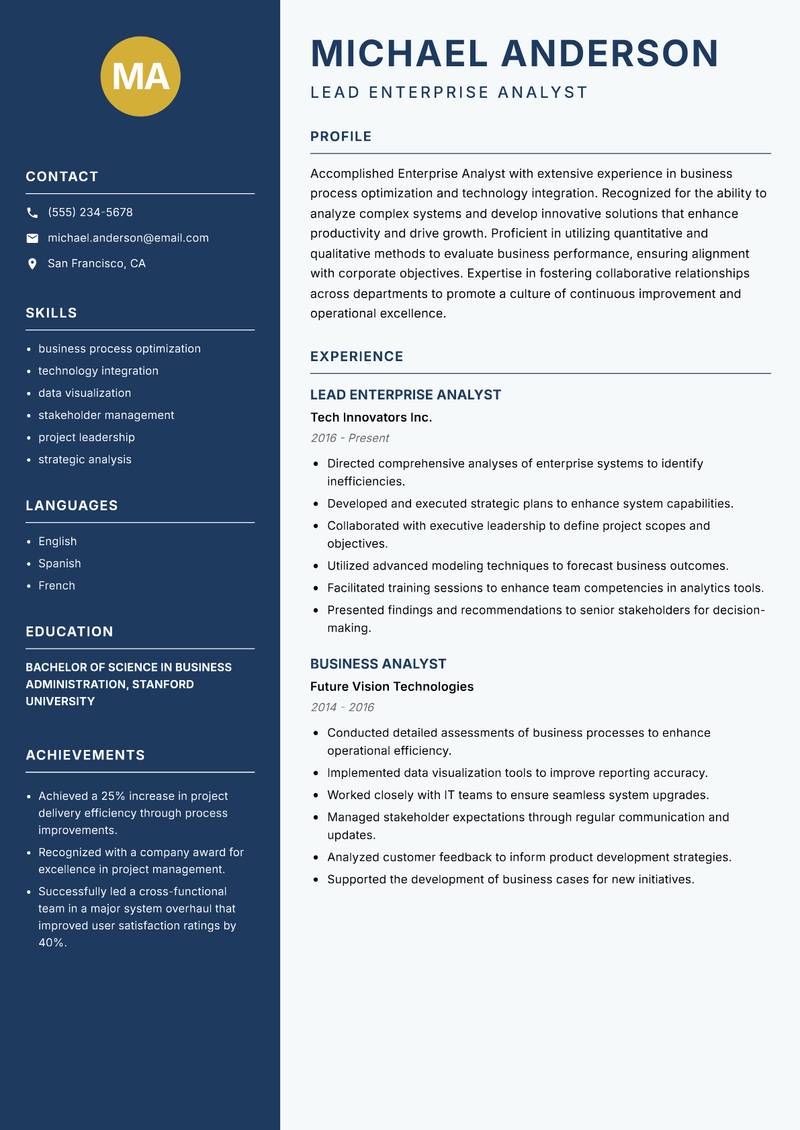 Enterprise Analyst Resume Preview Example