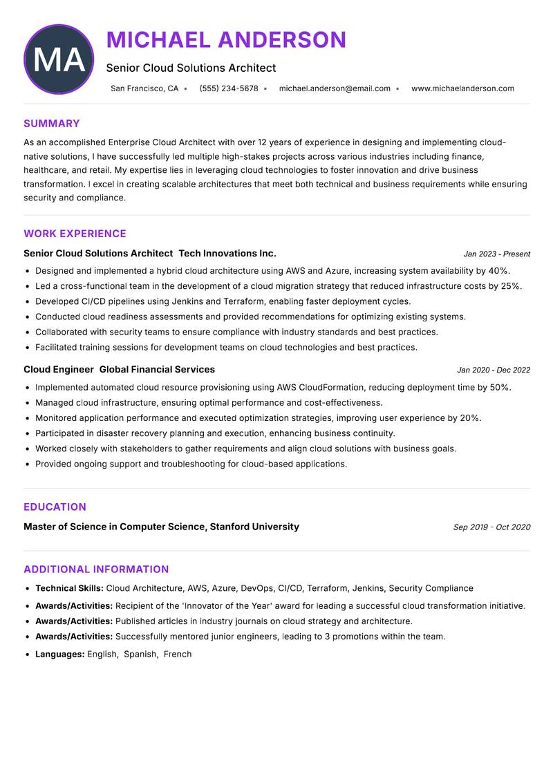Enterprise Cloud Architect Resume Preview Example