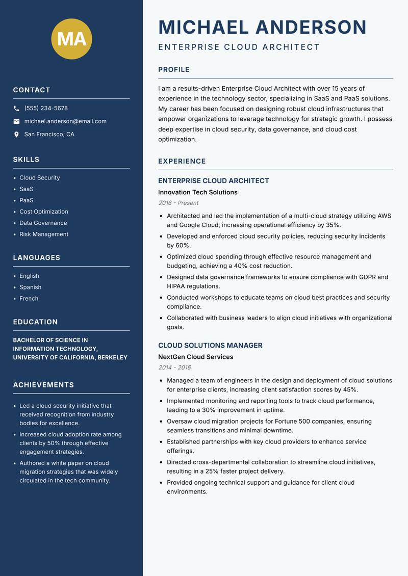 Enterprise Cloud Architect Resume Preview Example