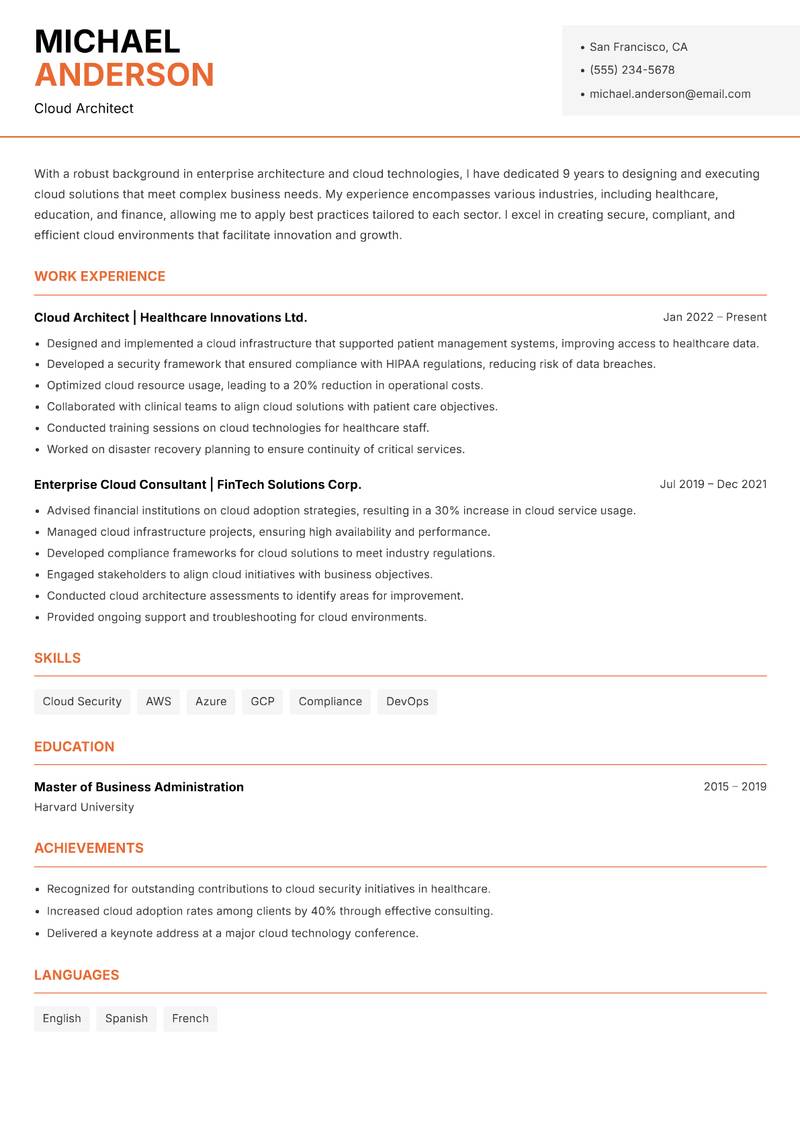 Enterprise Cloud Architect Resume Template
