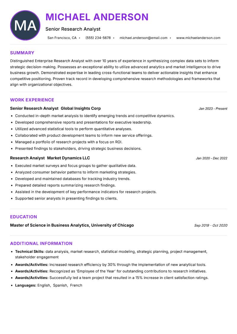 Enterprise Research Analyst Resume Preview Example
