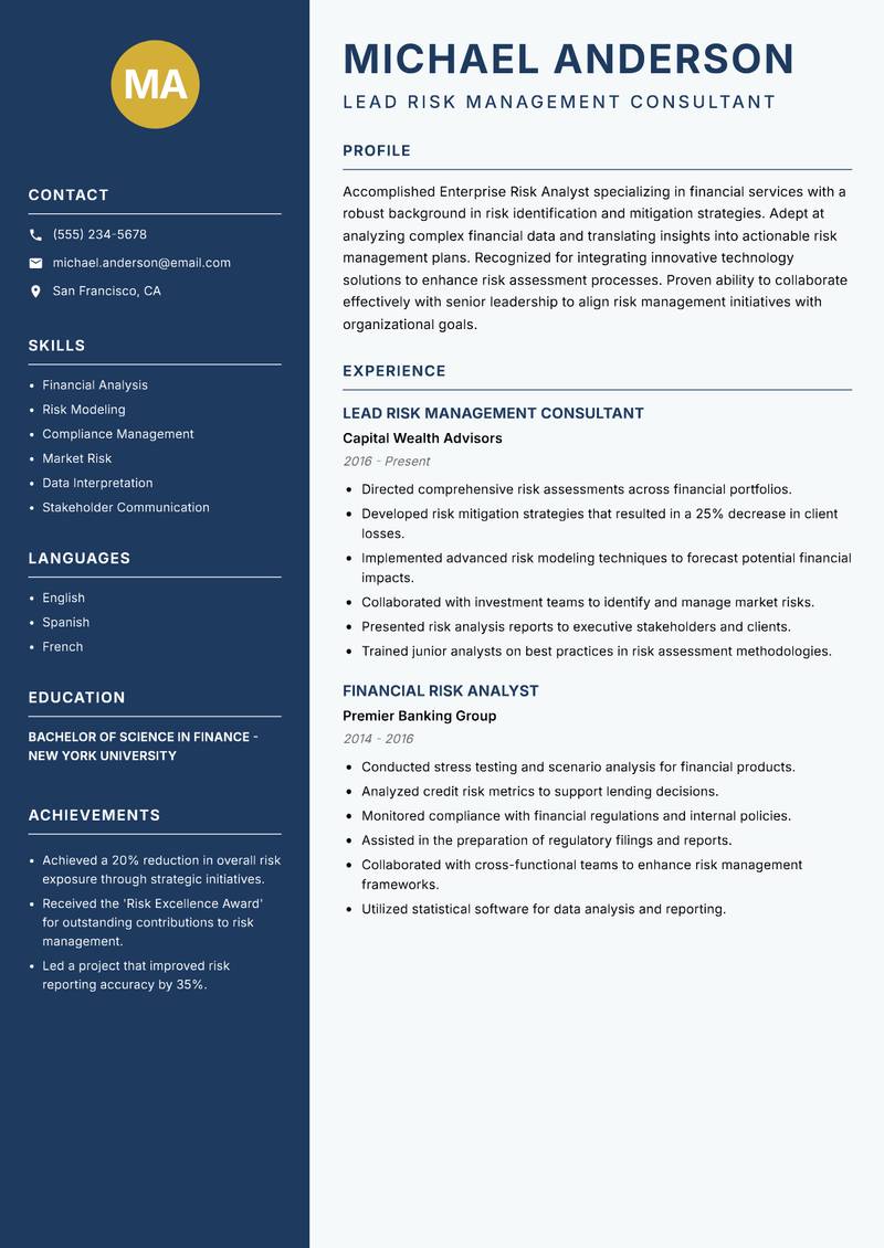 Enterprise Risk Analyst Resume Preview Example