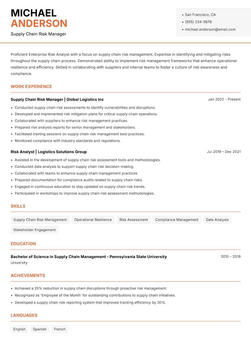 Enterprise Risk Analyst Resume Template