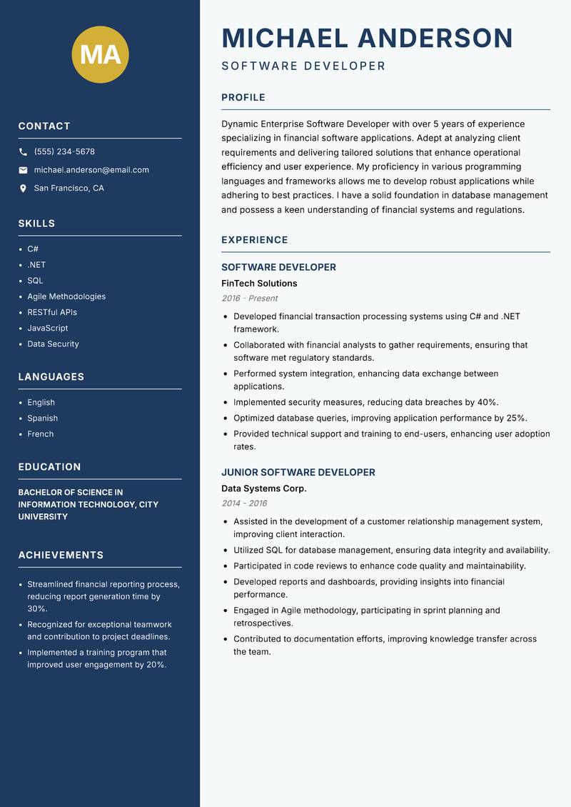 Enterprise Software Developer Resume Preview Example