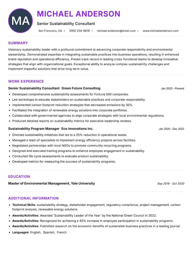 Enterprise Sustainability Lead Resume Preview Example
