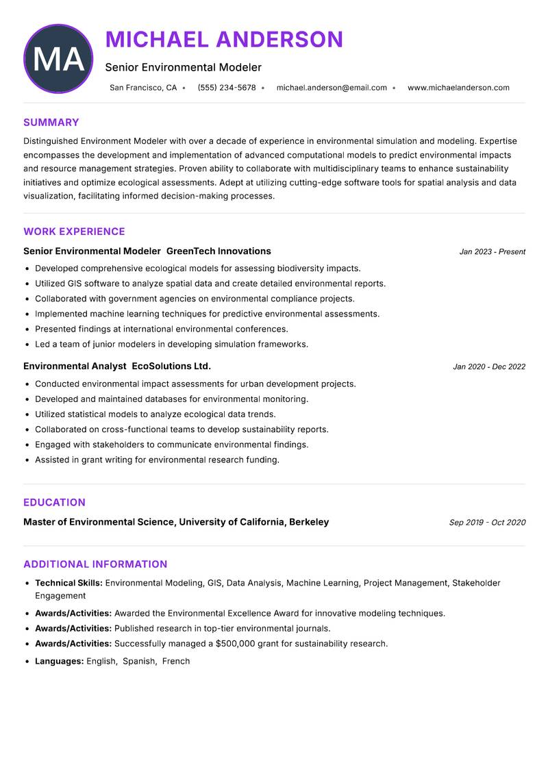 Environment Modeler Resume Preview Example