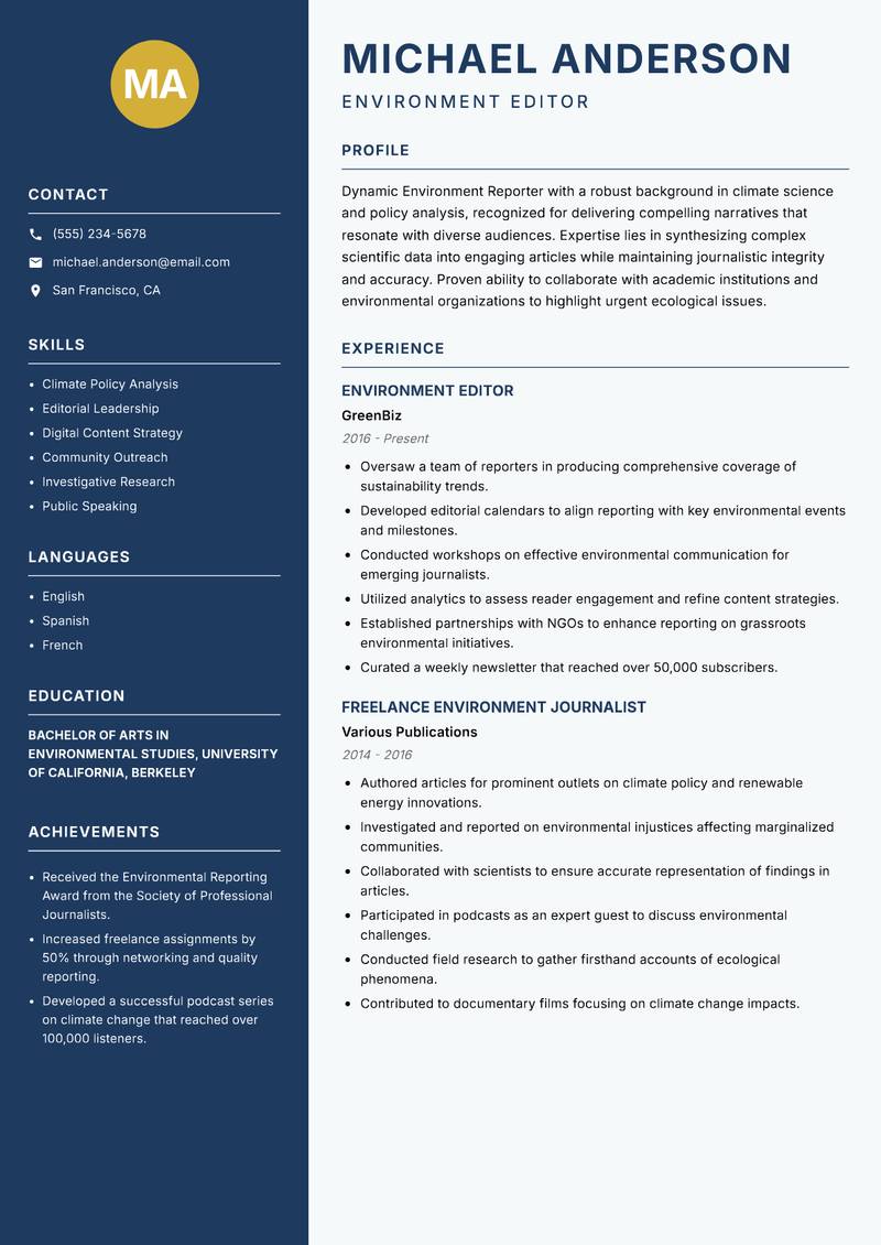 Environment Reporter Resume Preview Example