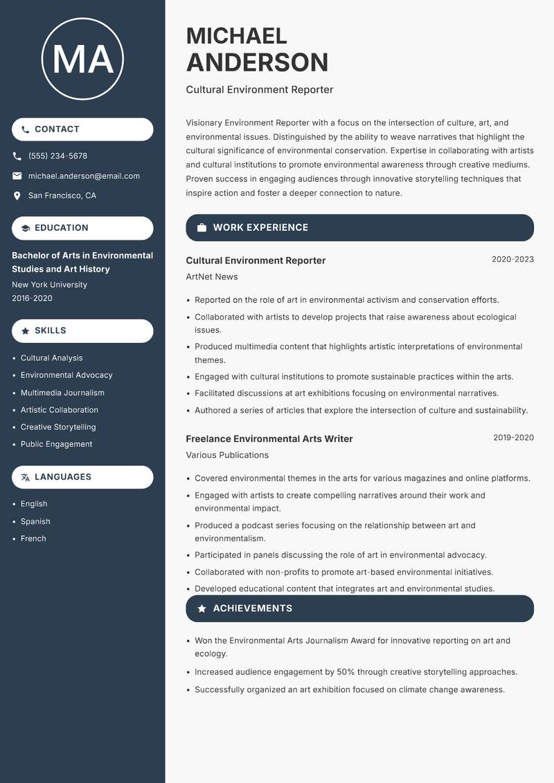 Environment Reporter Resume Preview Example