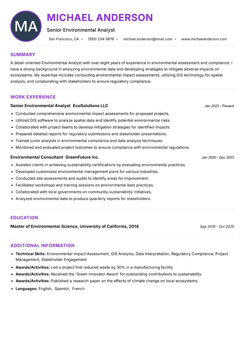 Environmental Analyst Resume Preview Example