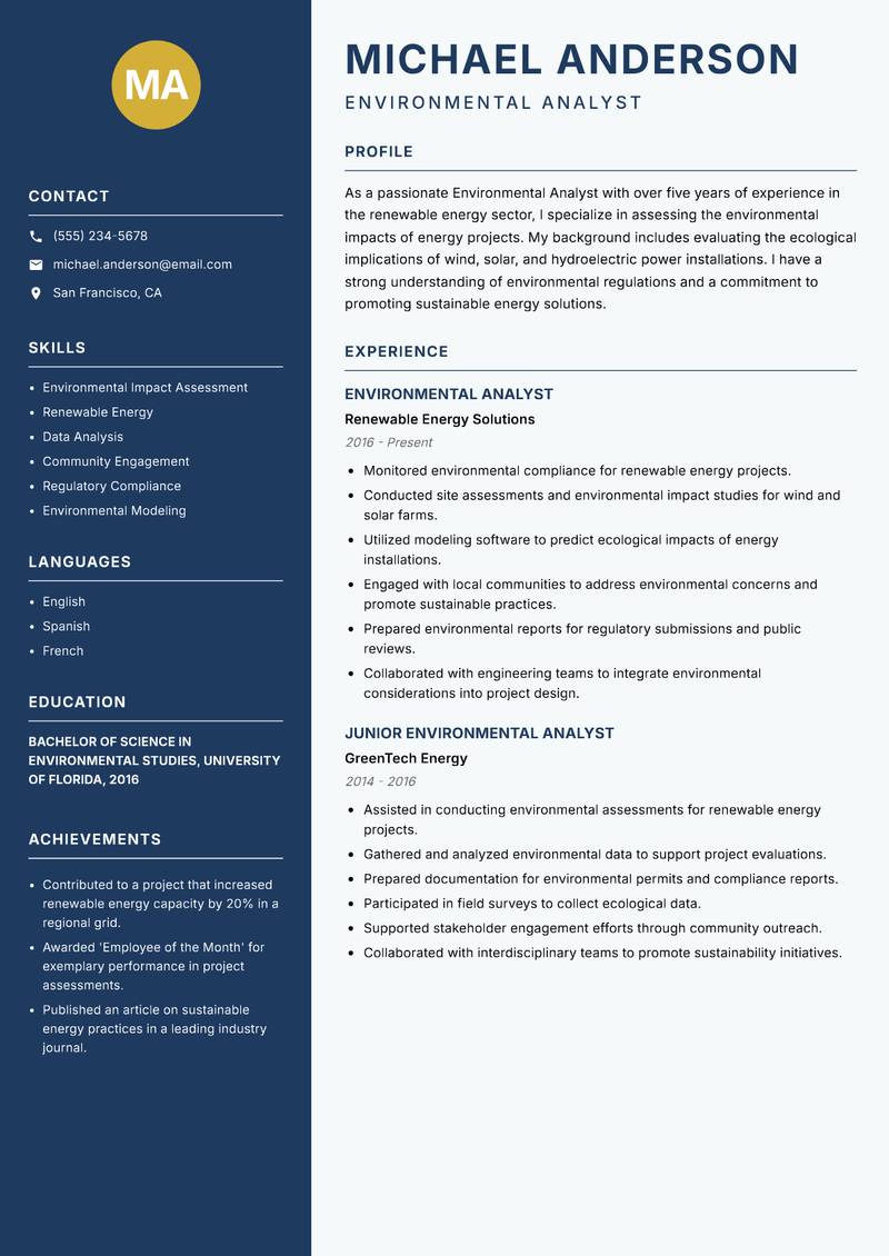 Environmental Analyst Resume Preview Example