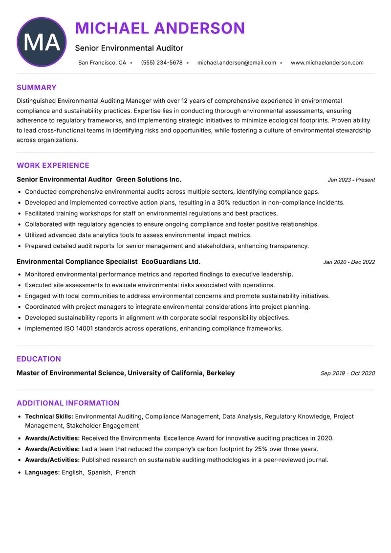 Environmental Auditing Manager Resume Preview Example