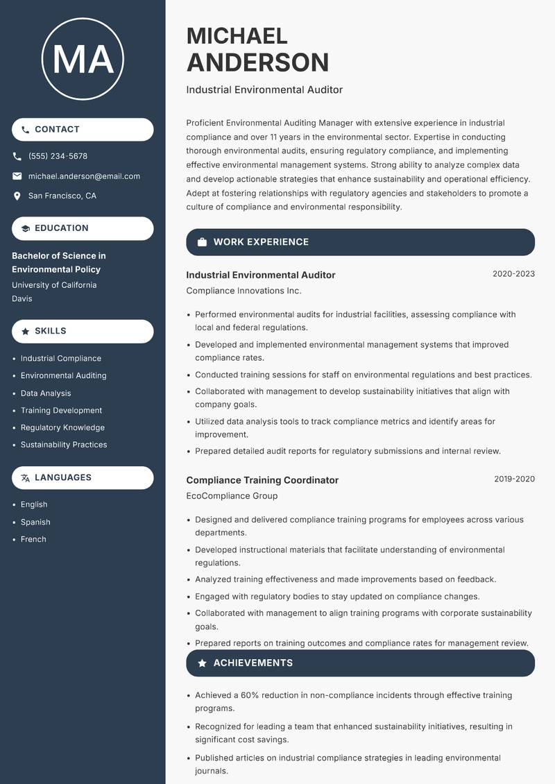 Environmental Auditing Manager Resume Preview Example