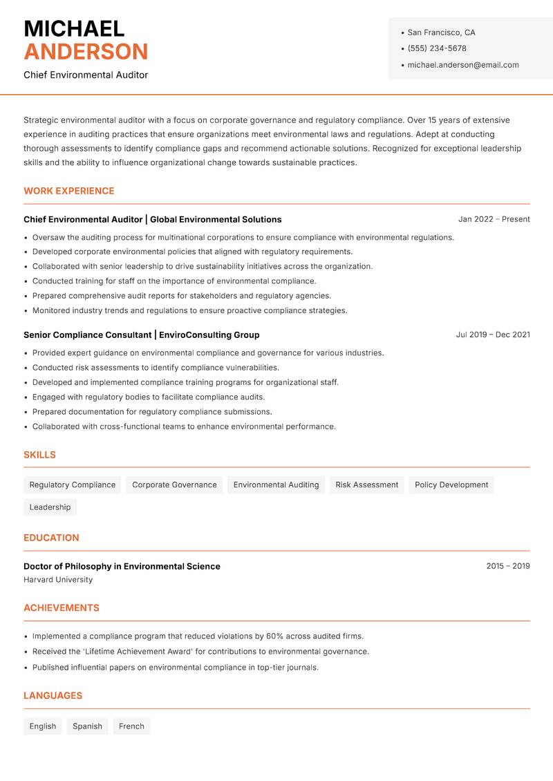 Environmental Auditor Resume Template