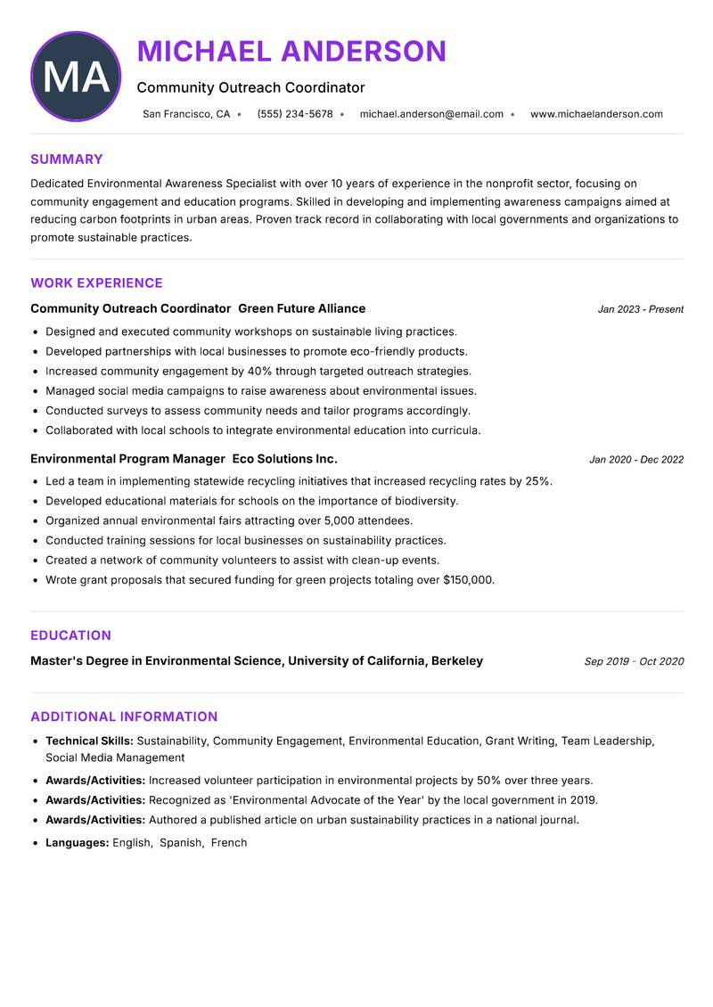 Environmental Awareness Specialist Resume Preview Example