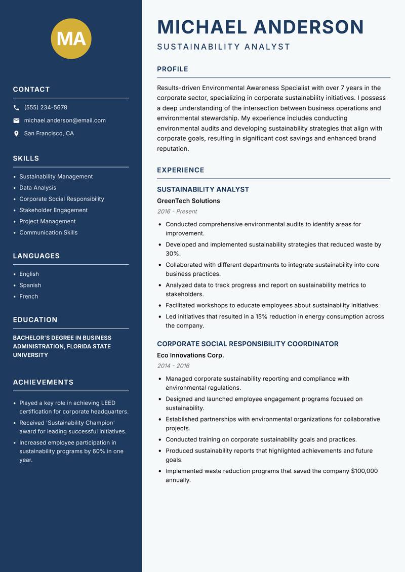 Environmental Awareness Specialist Resume Preview Example
