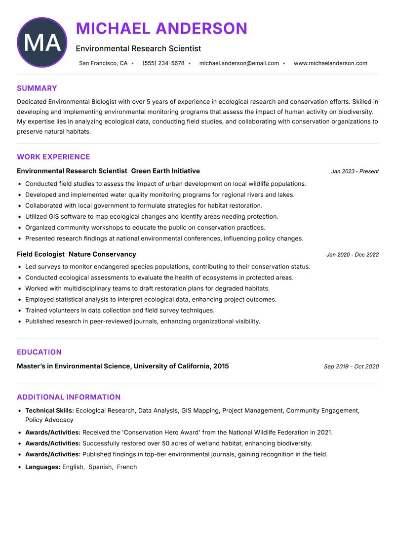 Environmental Biologist Resume Preview Example