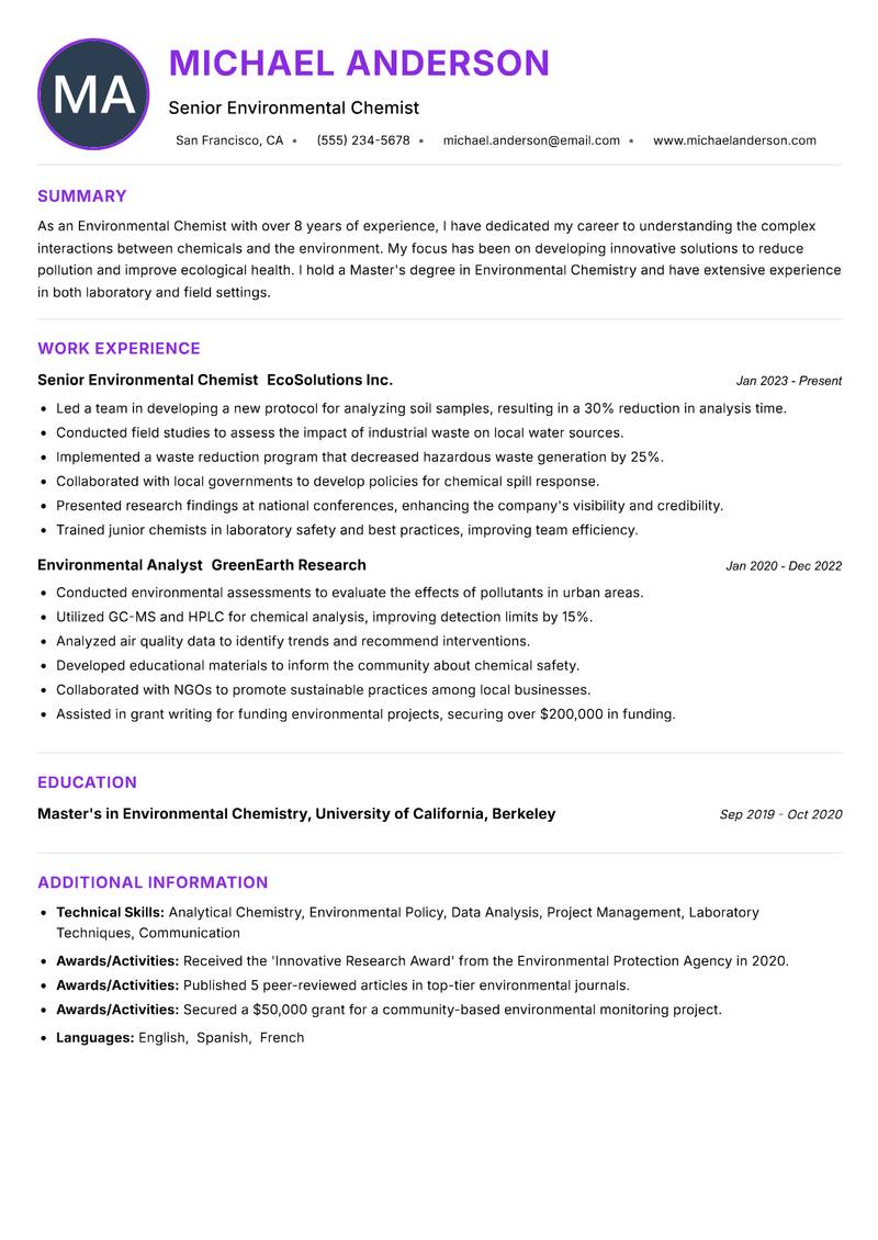 Environmental Chemist Resume Preview Example