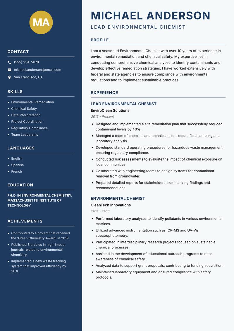Environmental Chemist Resume Preview Example