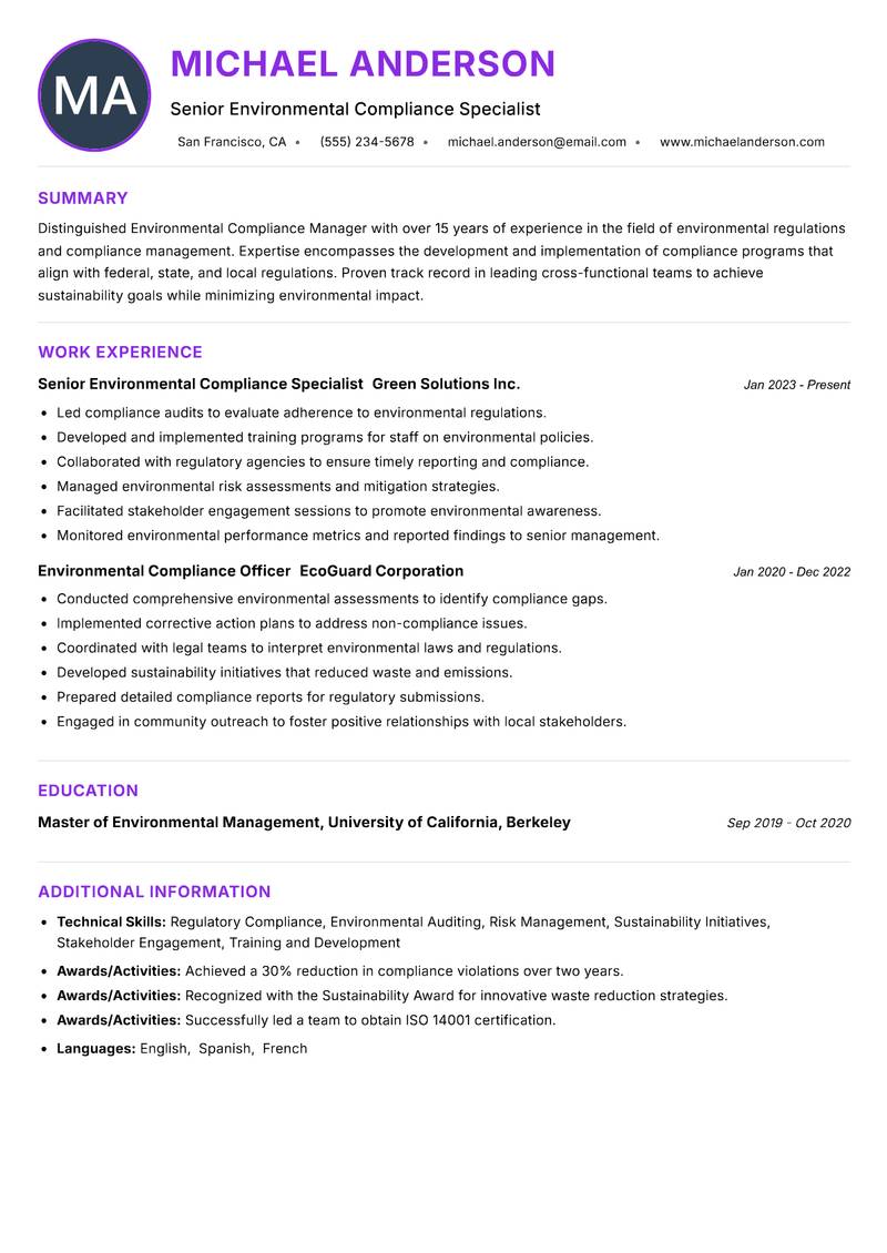 Environmental Compliance Manager Resume Preview Example