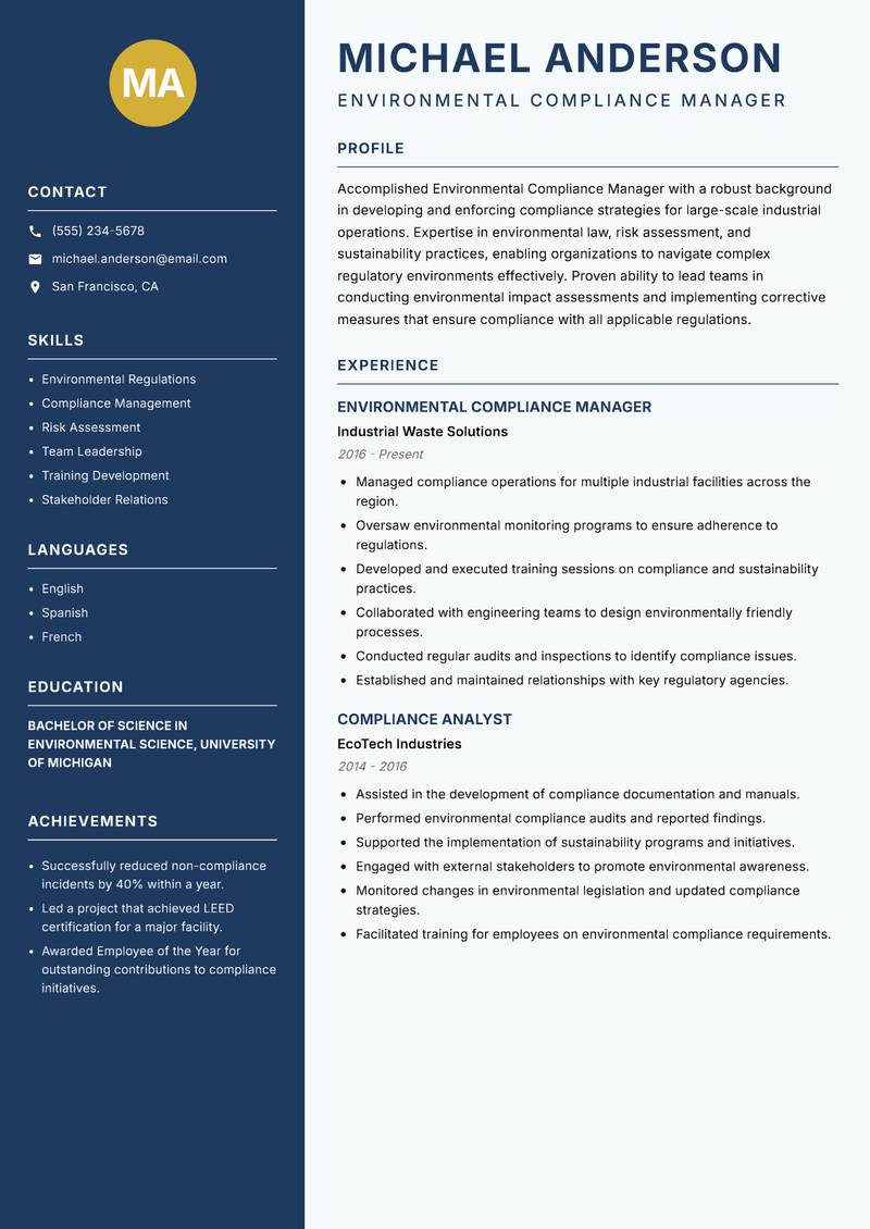 Environmental Compliance Manager Resume Preview Example