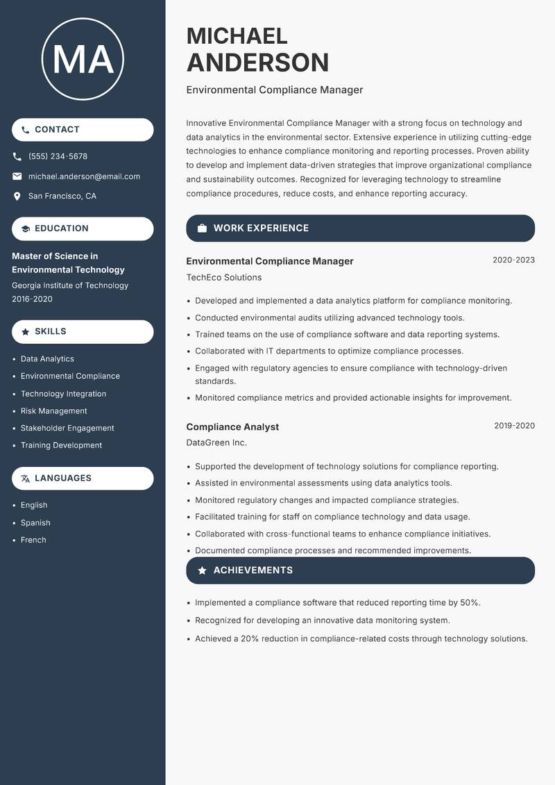 Environmental Compliance Manager Resume Preview Example