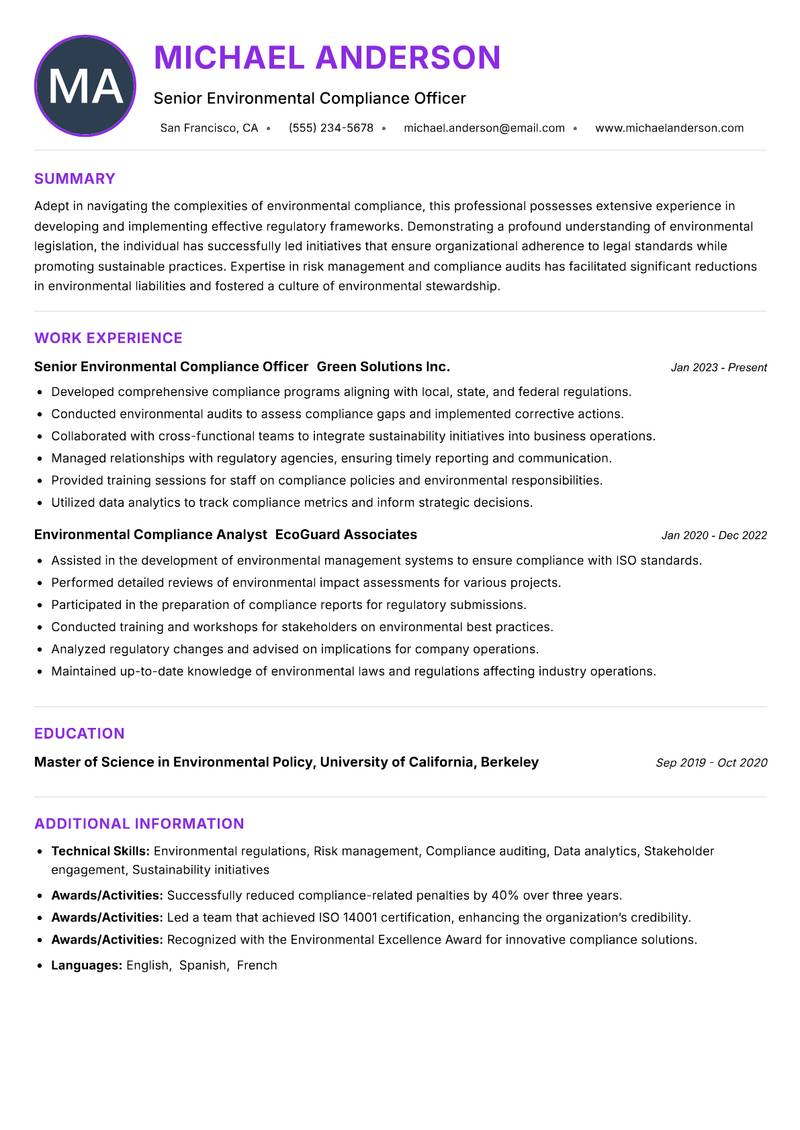 Environmental Compliance Officer Resume Preview Example