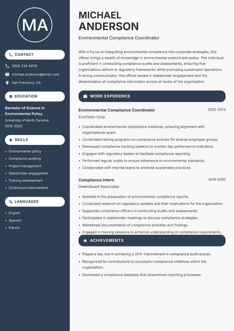 Environmental Compliance Officer Resume Preview Example