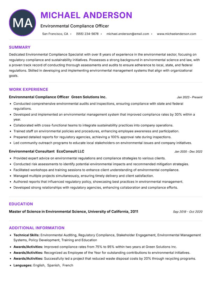 Environmental Compliance Specialist Resume Preview Example