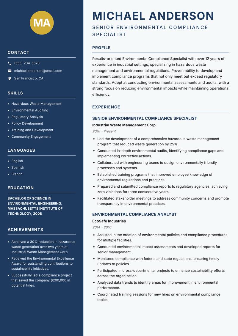 Environmental Compliance Specialist Resume Preview Example