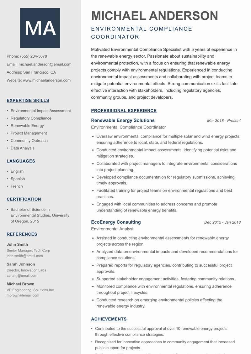 Environmental Compliance Specialist Resume Preview Example
