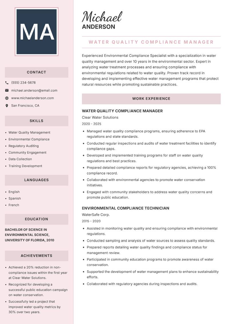Environmental Compliance Specialist Resume Preview Example
