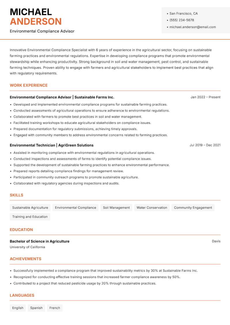 Environmental Compliance Specialist Resume Template