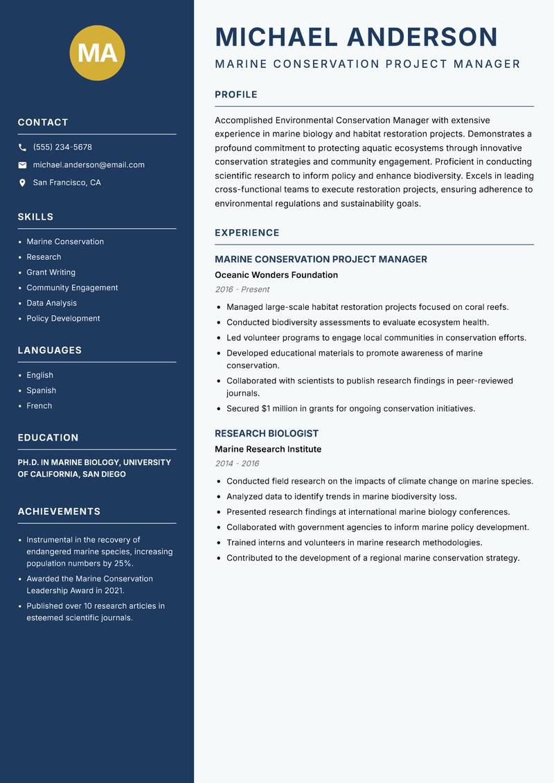 Environmental Conservation Manager Resume Preview Example