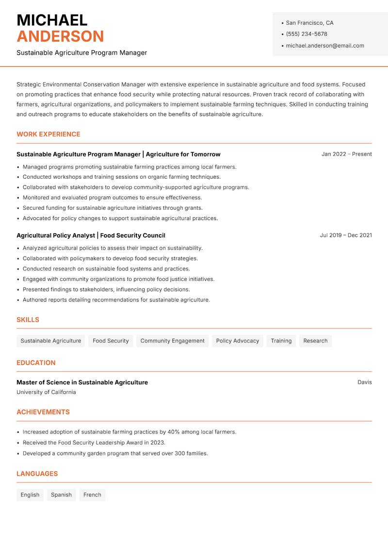 Environmental Conservation Manager Resume Template