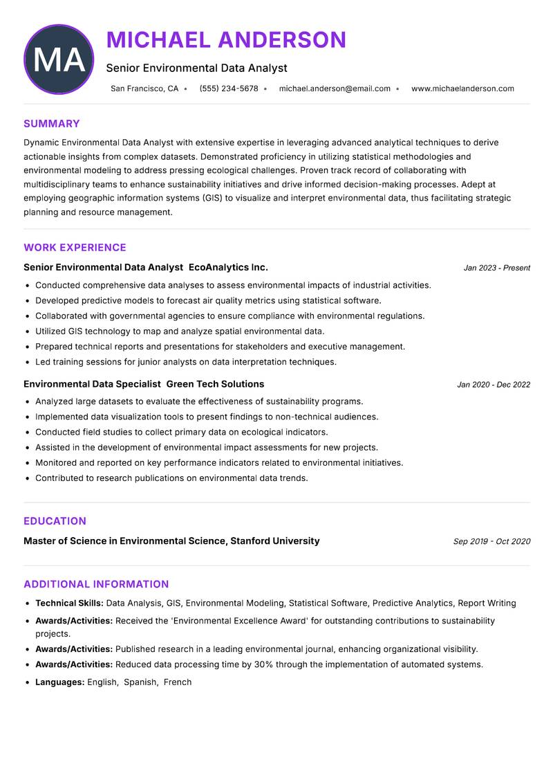 Environmental Data Analyst Resume Preview Example