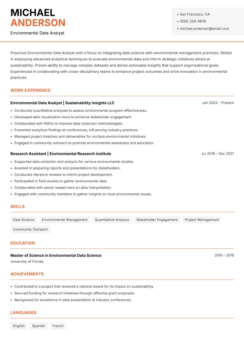 Environmental Data Analyst Resume Template