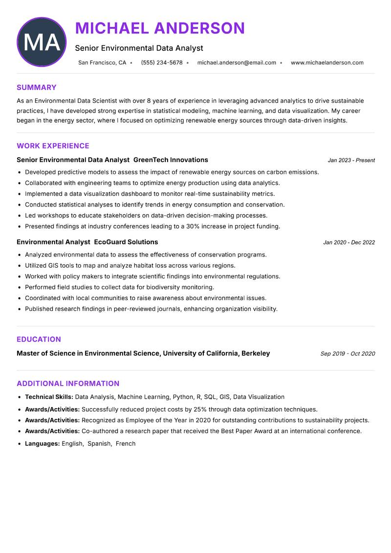 Environmental Data Scientist Resume Preview Example