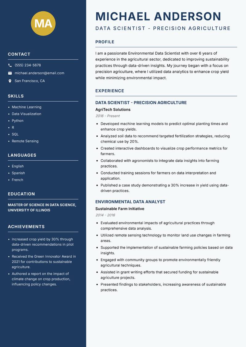 Environmental Data Scientist Resume Preview Example