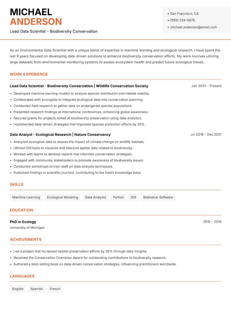 Environmental Data Scientist Resume Template