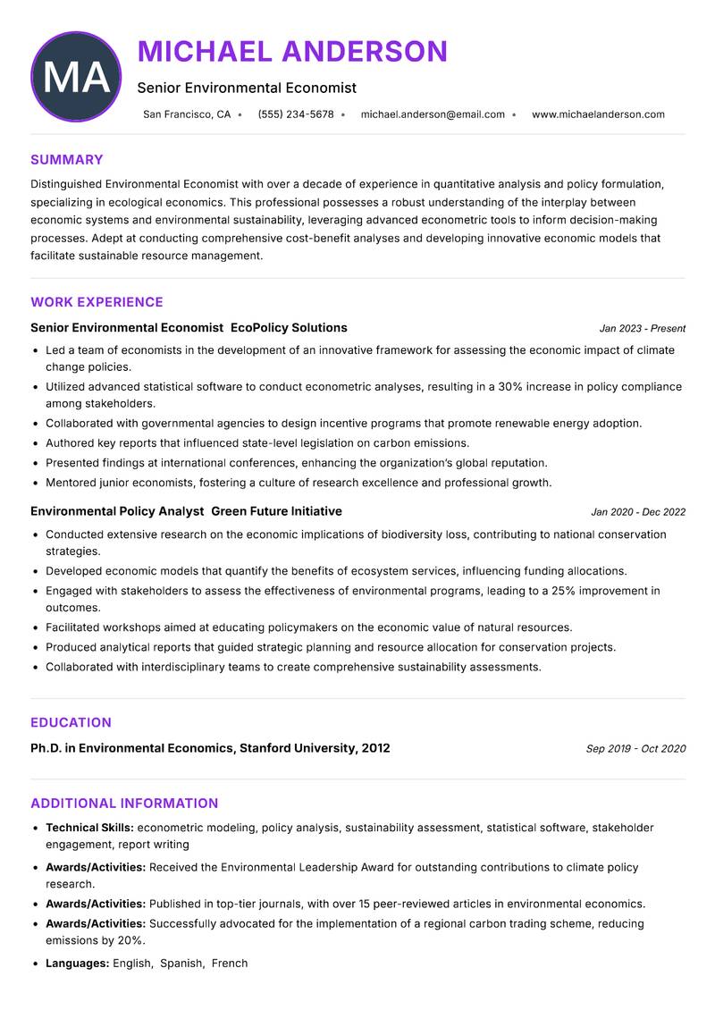 Environmental Economist Resume Preview Example