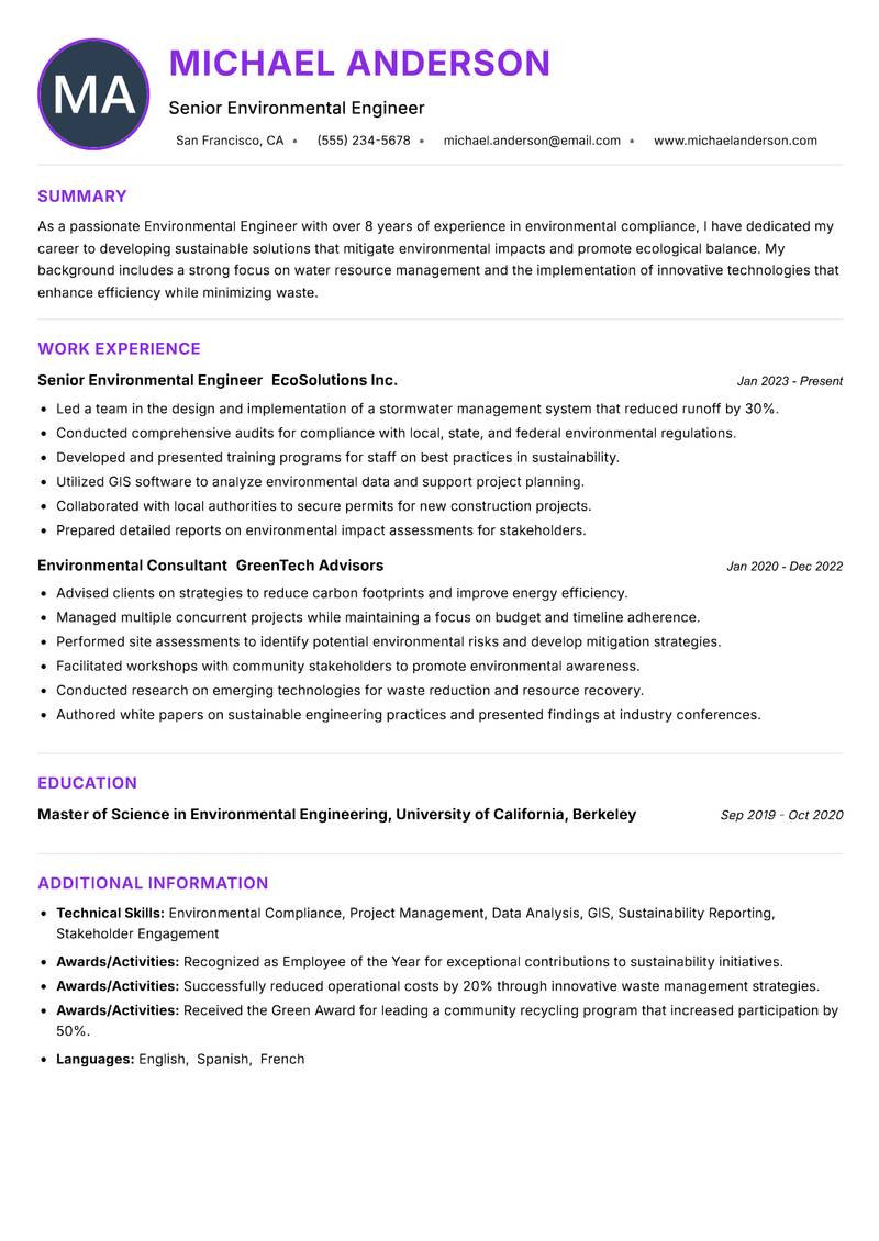 Environmental Engineer Resume Preview Example