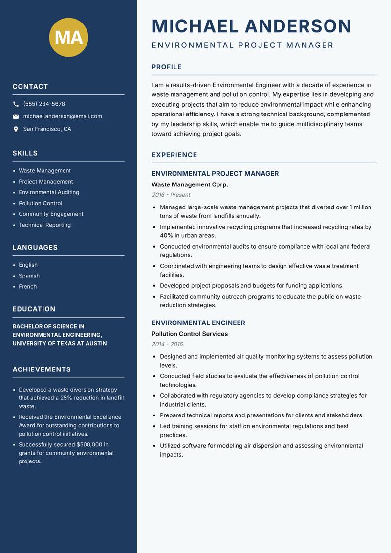Environmental Engineer Resume Preview Example
