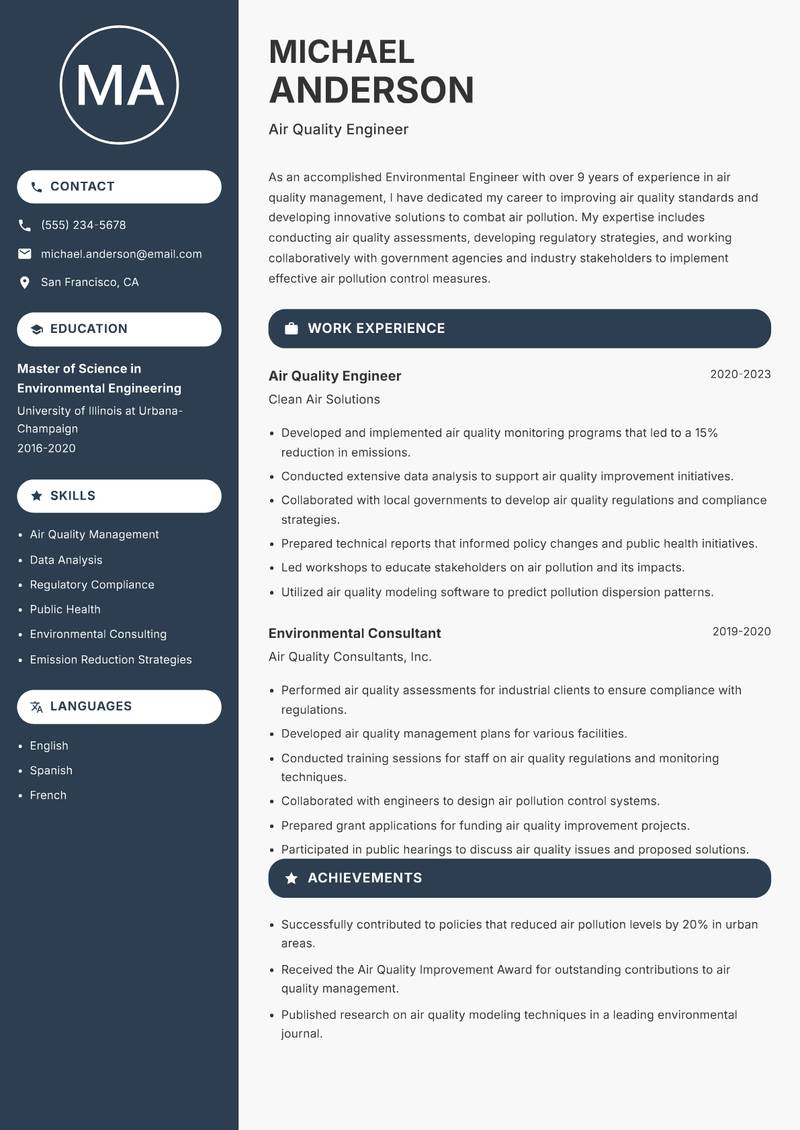 Environmental Engineer Resume Preview Example